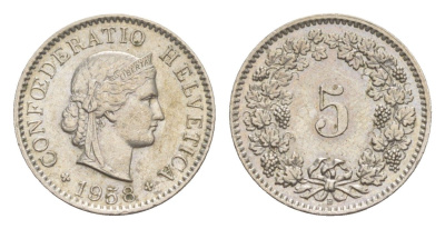 Швейцария 5 раппенов 1958 B KM 26 медно-никель 4643-336