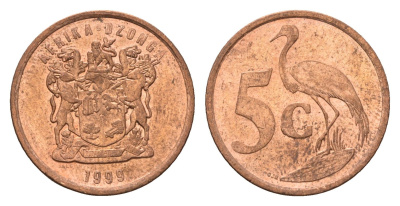 ЮАР 5 центов 1999 герб, райский журавль KM 160 сталь плакированная медью UNC 4687-228