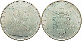 Ватикан 500 лир 1965 III год, Павел VI (1963-1978) KM 83.2 серебро UNC 114-814