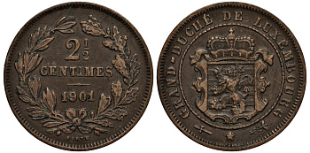 Люксембург 2 1/2 сантима 1901 великий герцог Адольф (1890-1905), BARTH КМ 21 бронза 4538-757