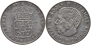 Швеция 1 крона 1973 Густав VI Адольф (1950-1973) KM 826а медь плакированная медно-никелем 4395-946