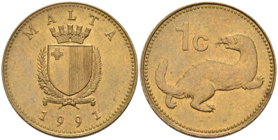Мальта 1 цент 1991 ласка, горностай KM 93 никель латунь 4516-336