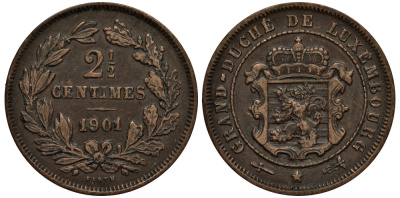 Люксембург 2 1/2 сантима 1901 великий герцог Адольф (1890-1905), BARTH КМ 21 бронза 4538-757