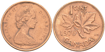 Канада 1 цент 1976 Елизавета II (1952-2022), кленовый лист KM 59.1 бронза 188-754