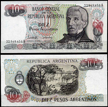Аргентина 10 песо 1983 серия А 22869, Генерал Сан Мартин (1778-1850) Pick 313a  бумага  UNC (пресс) 447-24-1-2