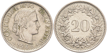 Швейцария 20 раппенов 1969 В KM 29а медно-никель 212-1036