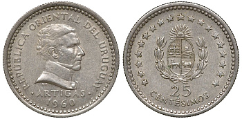 Уругвай 25 сентесимо 1960 KM 40 медно-никель 4169-1025