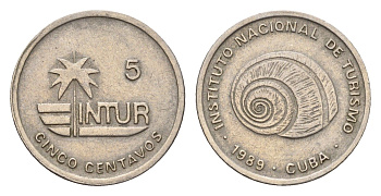 Куба 5 сентаво 1989 INTUR, не магнетик KM 412.3 медно-никель 4392-565