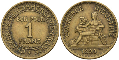 Франция 1 франк 1923 KM 876, Le Franc 218.5 алюминиевая бронза 4142-741
