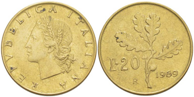 ИТАЛИЯ 20 ЛИР 1969 R, ДУБОВЫЕ ЛИСТЬЯ KM 97.2 алюминиевая бронза 4519-535