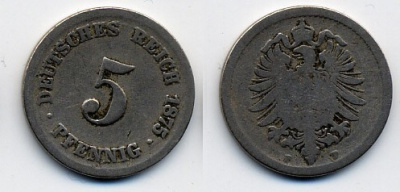 ГЕРМАНИЯ 5 ПФЕННИГОВ 1875 F, СТАРОГЕРБОВКА KM 3, J.3 медно-никель 46-312