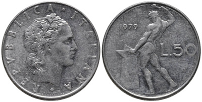 Италия 50 лир 1979 R, бог огня Вулкан у наковальни KM 95.1 нержавеющия сталь 4577-534