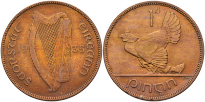 Ирландия 1 пенни 1935 курица с цыплятами KM 3 бронза 4367-1214