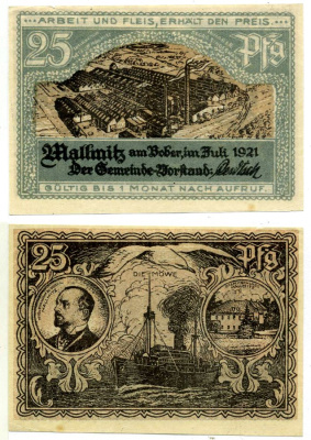 Малимитц 25 пфеннигов 1921 июль 1921, нотгельд, земля Силезия Grabowski 865.1 бумага 2195-42-2-2