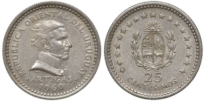Уругвай 25 сентесимо 1960 KM 40 медно-никель 4169-1025