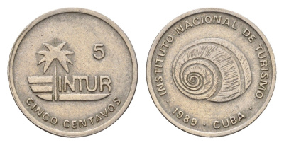 Куба 5 сентаво 1989 INTUR, не магнетик KM 412.3 медно-никель 4392-565