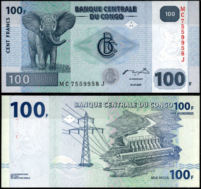 ДР Конго 100 франков 2007 слон, гидроэлектростанция "Инга II" Pick 98 a бумага UNC (пресс) 7183-64-2-2