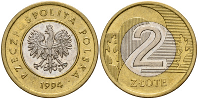 Польша 2 злотых 1994 MW KM 283 биметалл    4161-1057
