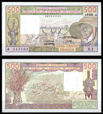 Западная Африка, Кот д Ивуар 500 франков 1980 Pick 105 Ab 7215-57-3-2 бумага UNC (пресс) 451-1120-3