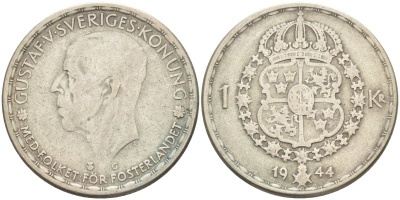 Швеция 1 крона 1944 G, Густав V (1907-1950) KM 814 серебро 3718-417