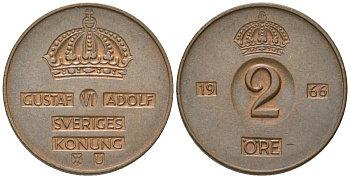 Швеция 2 эре 1966 U, Густав VI Адольф (1950-1973) KM 821 бронза 4594-358