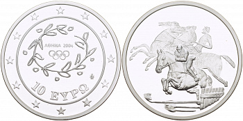 Греция 10 евро 2003 XXVIII летние Олимпийские игры 2004 года в Афинах, конный спорт, конкур KM 197 серебро PROOF 06-275-15