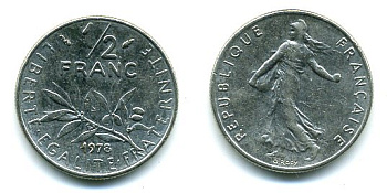 ФРАНЦИЯ 1/2 ФРАНКА 1978 СЕЯТЕЛЬ KM 931.1, LE FRANC 198.17 никель 3999-825