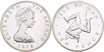 Остров Мэн 10 пенсов 1978 Елизавета II (1952-2022), тираж 10000 экземпляров КМ 36.1a серебро UNC 650-532