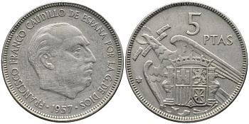 Испания 5 песет 1957 (64) Франсиско Франко (1939-1975) KM 786 медно-никель 4171-516