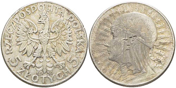 ПОЛЬША 5 ЗЛОТЫХ 1934 W, ЯДВИГА KM 21 серебро 5010-1123