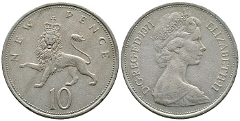 Великобритания 10 пенсов 1971 Елизавета II (1952-2022) KM 912, Spink 4231 (F1) медно-никель 4364-3845