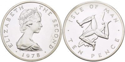 Остров Мэн 10 пенсов 1978 Елизавета II (1952-2022), тираж 10000 экземпляров КМ 36.1a серебро UNC 650-532