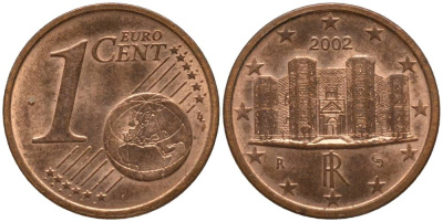 Италия 1 евроцент 2002 KM 210 сталь плакированная медью 218-1224