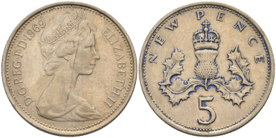 Великобритания 5 пенсов 1969 Елизавета II (1952-2022) KM 911, Spink 4233 (D1) медно-никель 4586-925