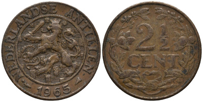 Нидерландские Антилы 2 1/2 цента 1965 Юлиана (1948-1980) KM 5 бронза 4579-912