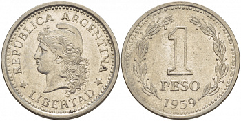 Аргентина 1 песо 1959 голова свободы влево KM 57 сталь плакированная никелем 4548-341