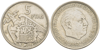 ИСПАНИЯ 5 ПЕСЕТ 1957 (59) ФРАНСИСКО ФРАНКО ДИКТАТОР ИСПАНИИ ( 1939- 1975) KM 786 медно-никель 216-644