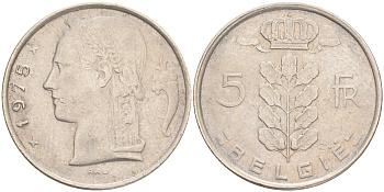 Бельгия 5 франков 1975 Belgie, Бодуэн I (1951-1993) KM 135.1 медно-никель 4556-551