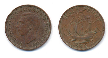 Великобритания 1/2 пенни 1942 Георг VI (1936-1952) KM 844, Spink 4115 бронза 41-622