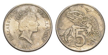Новая Зеландия 5 центов 1989 Елизавета II (1952-2022), ящерица гаттерия KM 60 медно-никель 4651-223