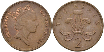 Великобритания 2 пенса 1988 Елизавета II (1952-2022) KM 936, Spink 4376 (C3) бронза 4116-744
