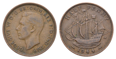 Великобритания 1/2 пенни 1944 Георг VI (1936-1952) KM 844, Spink 4115 бронза    4660-621