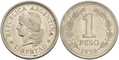 Аргентина 1 песо 1959 голова свободы влево KM 57 сталь плакированная никелем 4548-341
