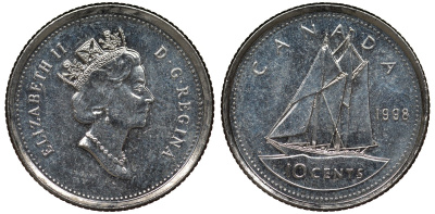Канада 10 центов 1998 парусник, Елизавета II (1952-) KM 183 никель 4124-522