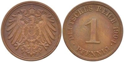 ГЕРМАНИЯ 1 ПФЕННИГ 1904 J KM 10, J. 10, Weege 2 медь 211-319