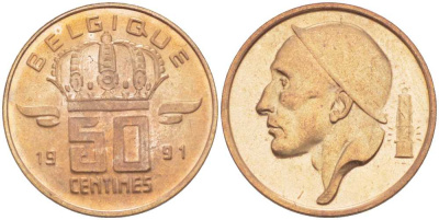 БЕЛЬГИЯ 50 САНТИМОВ 1991 BELGIQUE, БОДУЭН I (1951-1993) KM 148.1 бронза 214-648