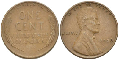 США 1 ЦЕНТ 1938 ЛИНКОЛЬН KM 132 бронза 3309-1242