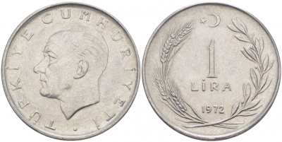 Турция 1 лира 1972 Мустафа Кемаль Ататюрк KM 889а.2 нержавеющая сталь 4529-1236