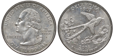 США 25 центов = квотер 2008 P, серия штаты США, Оклахома KM 421 медь плакированная медно-никелем 4525-435
