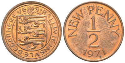 Гернси 1/2 пенни 1971 Елизавета II (1952-2022), герб KM 20 бронза UNC 4611-565